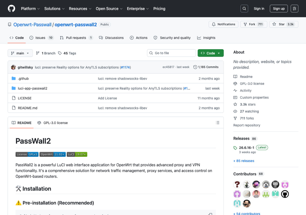 passwall2 新主仓库 Openwrt-Passwall/openwrt-passwall2 GitHub 页面