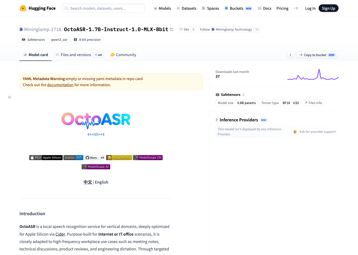 HuggingFace 上的 OctoASR-1.7B MLX 8bit 模型卡,Safetensors 格式