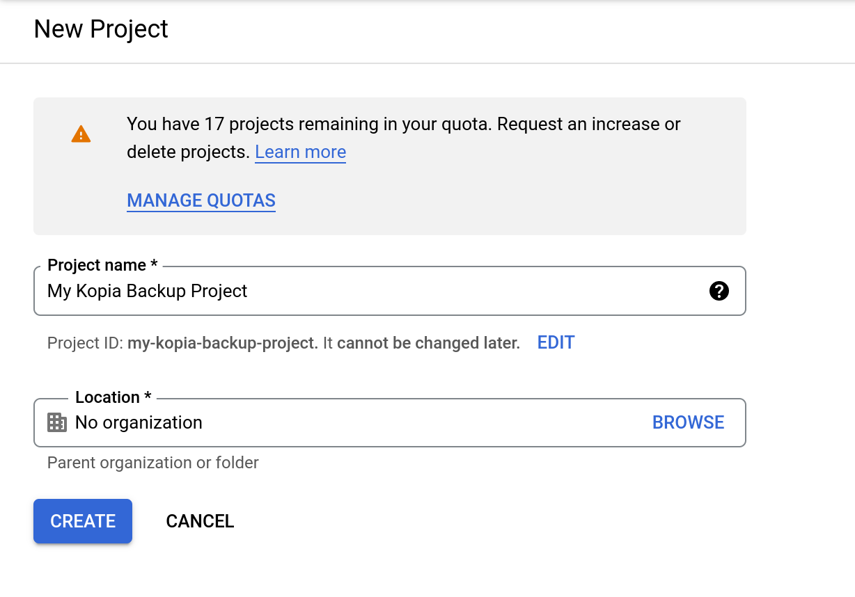 Kopia 连接 Google Drive 创建项目