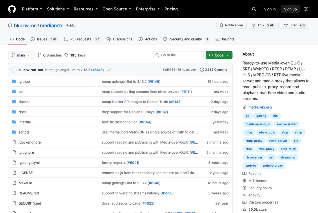 MediaMTX GitHub 仓库页