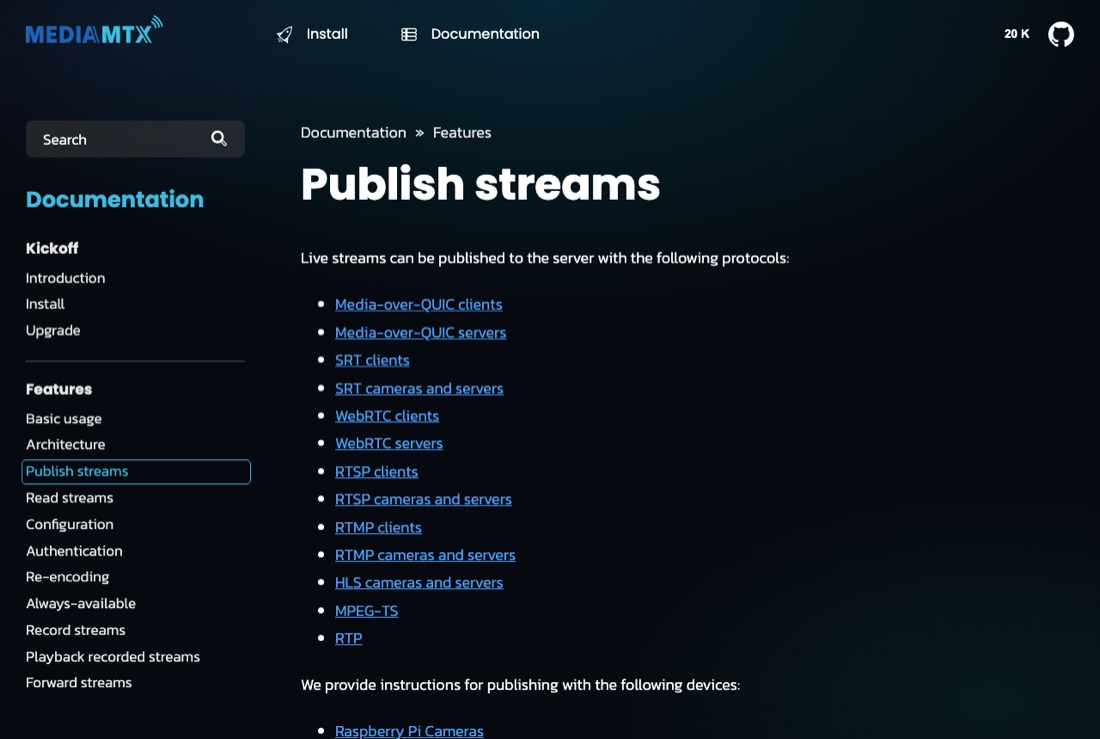 MediaMTX Publish streams 文档页