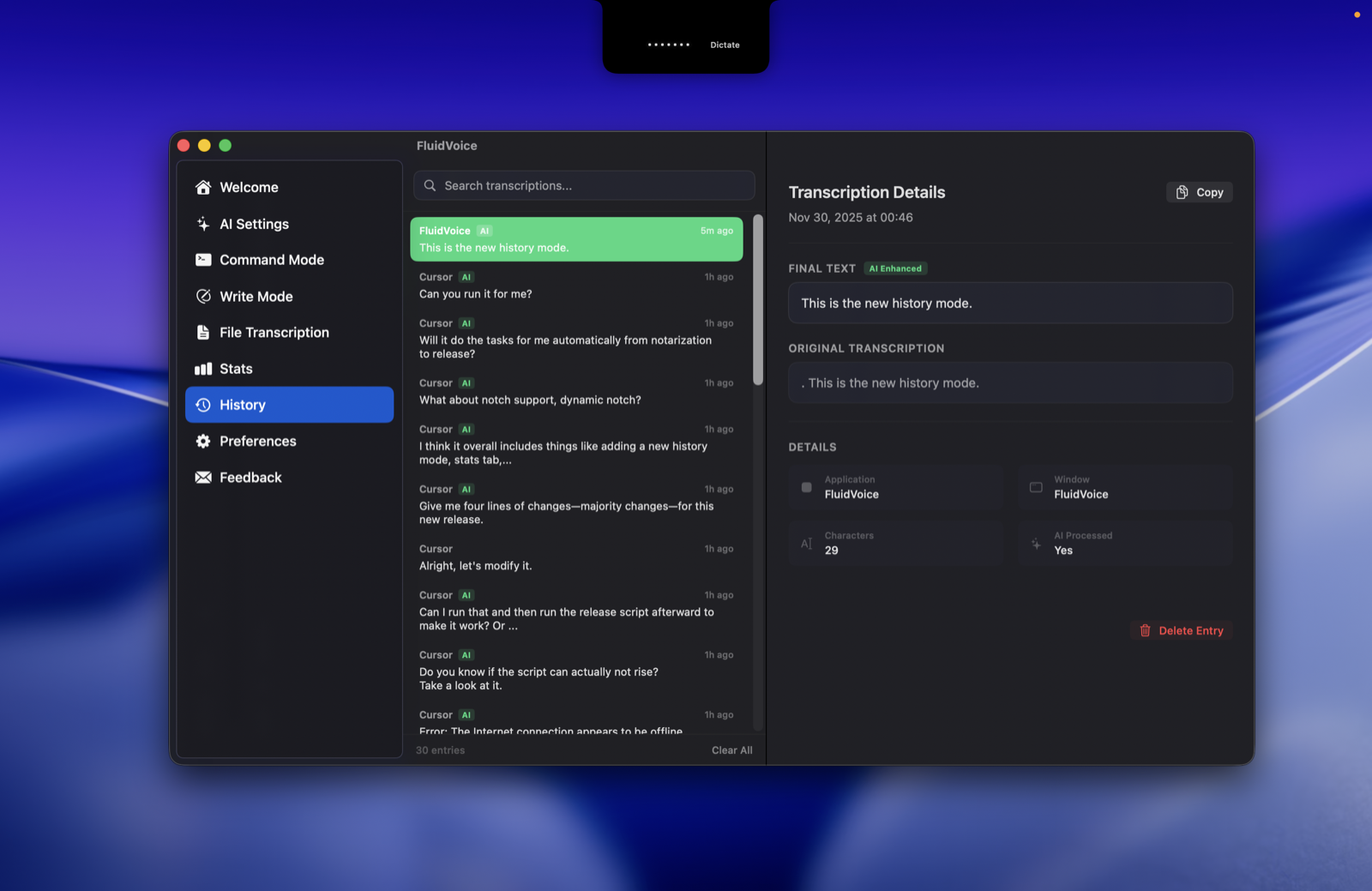 FluidVoice 历史记录和统计