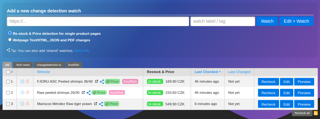 changedetection.io 补货监控截图