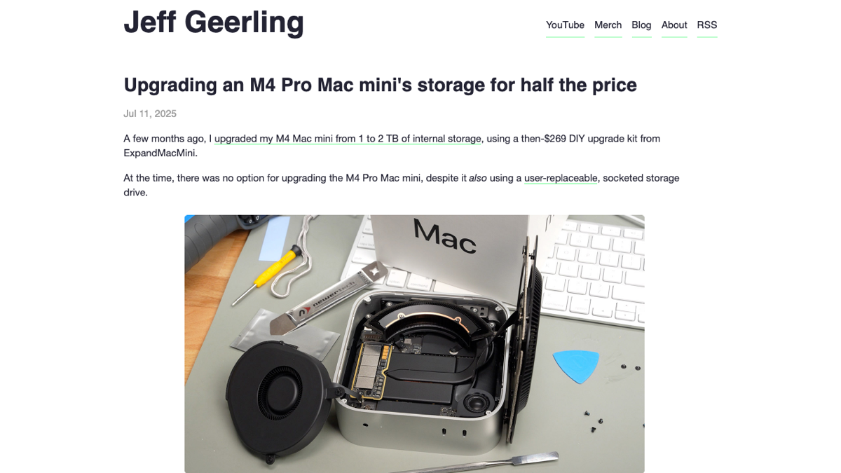 Jeff Geerling 博客 - M4 Pro Mac mini SSD 升级实测
