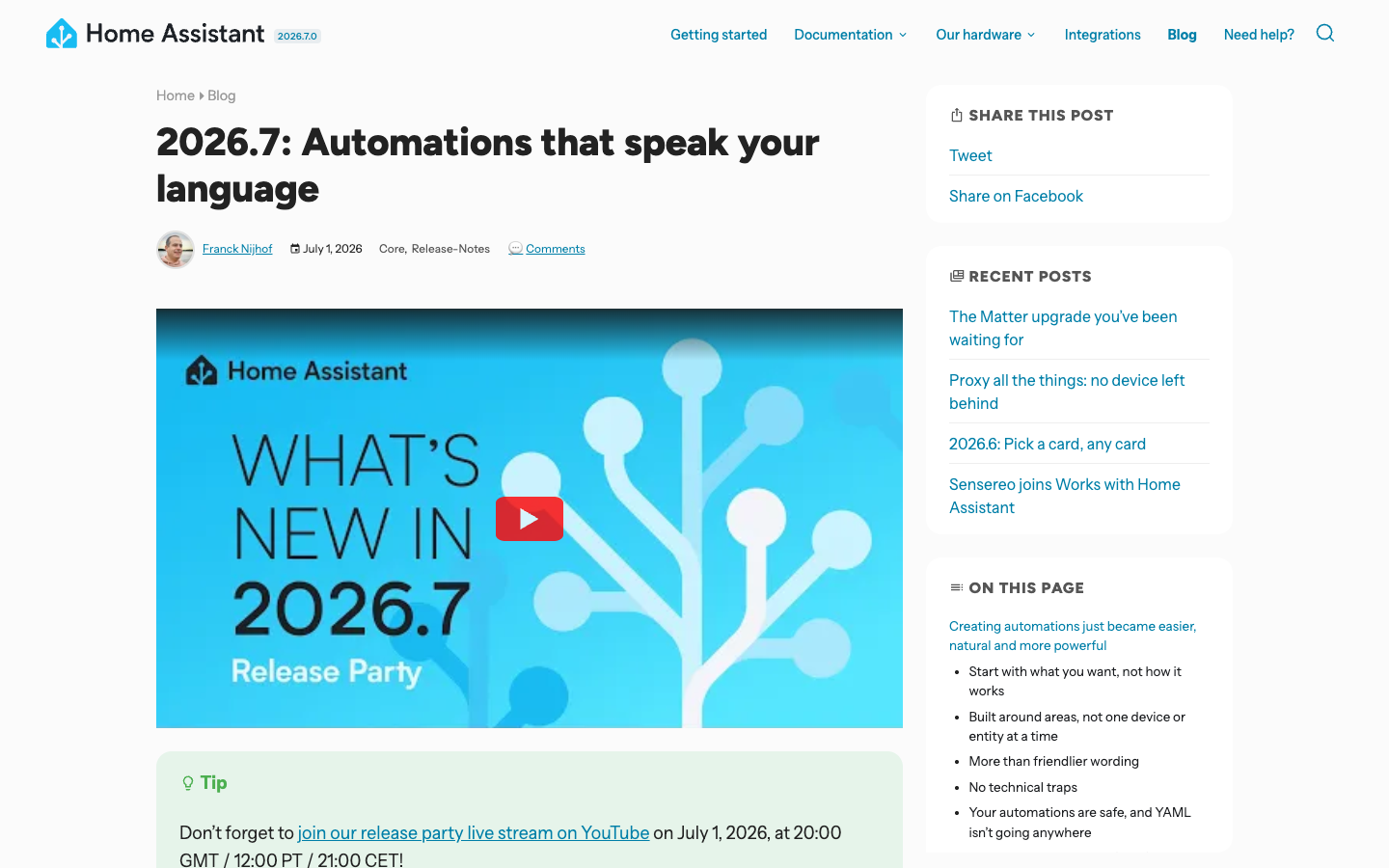 Home Assistant 2026.7 官方发布博客：Automations that speak your language