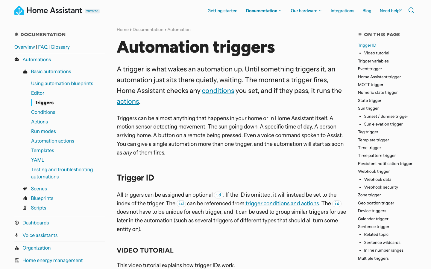 Home Assistant 官方文档中的 Automation triggers 页面