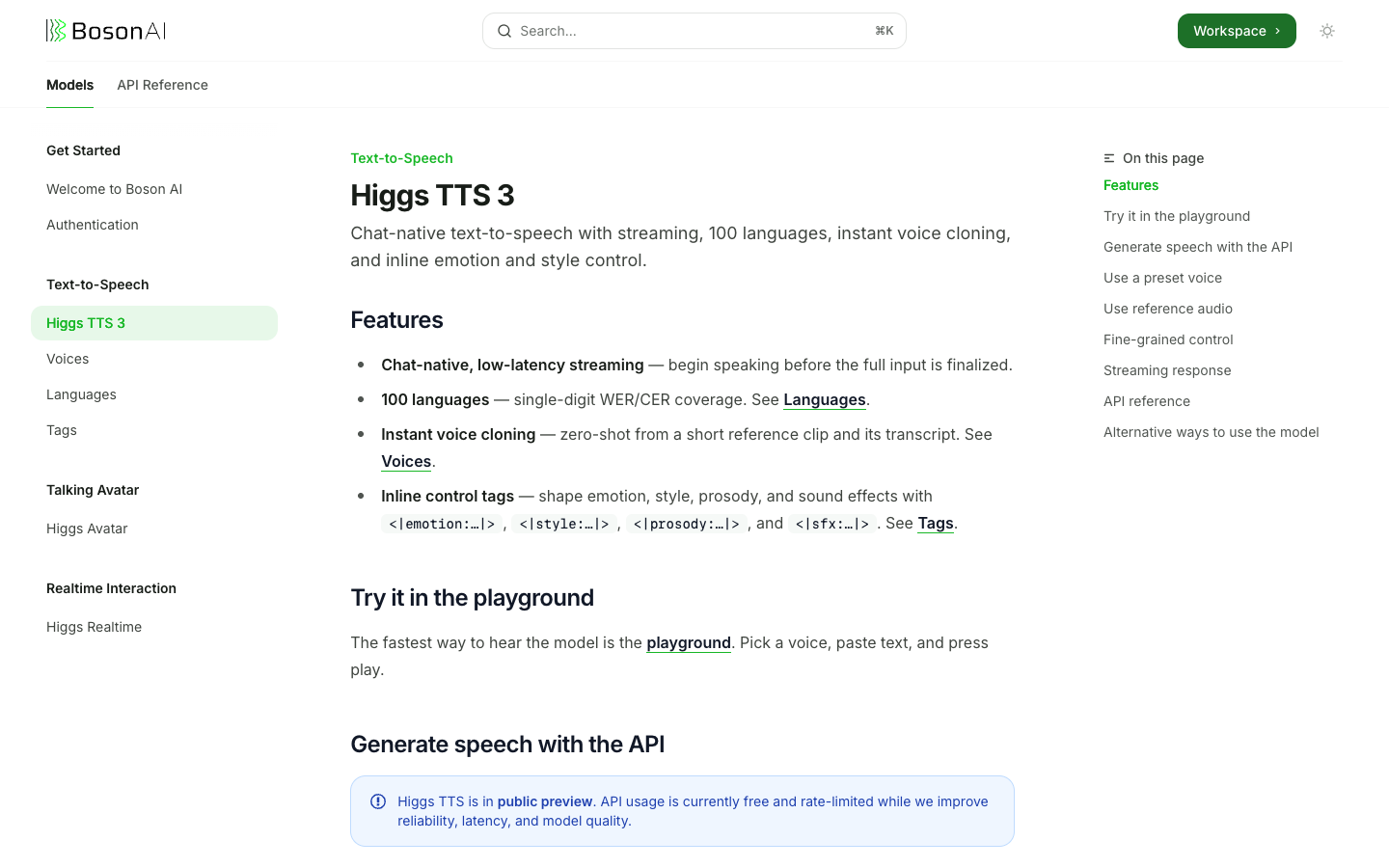 Boson AI 官方 API 文档中的 Higgs TTS 3 功能说明