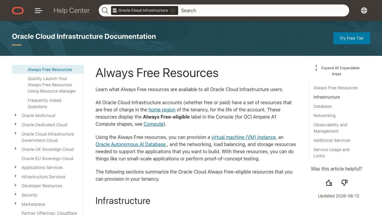 Oracle Always Free 文档当前规格