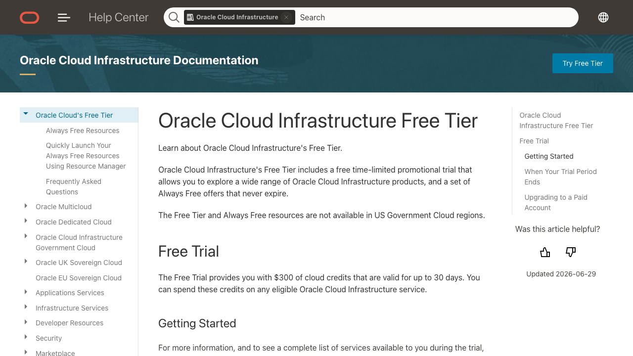 Oracle Cloud Free Tier 页面