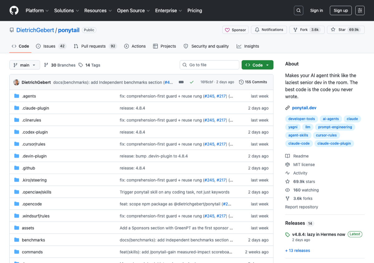 Ponytail GitHub 仓库截图，69.9k Star